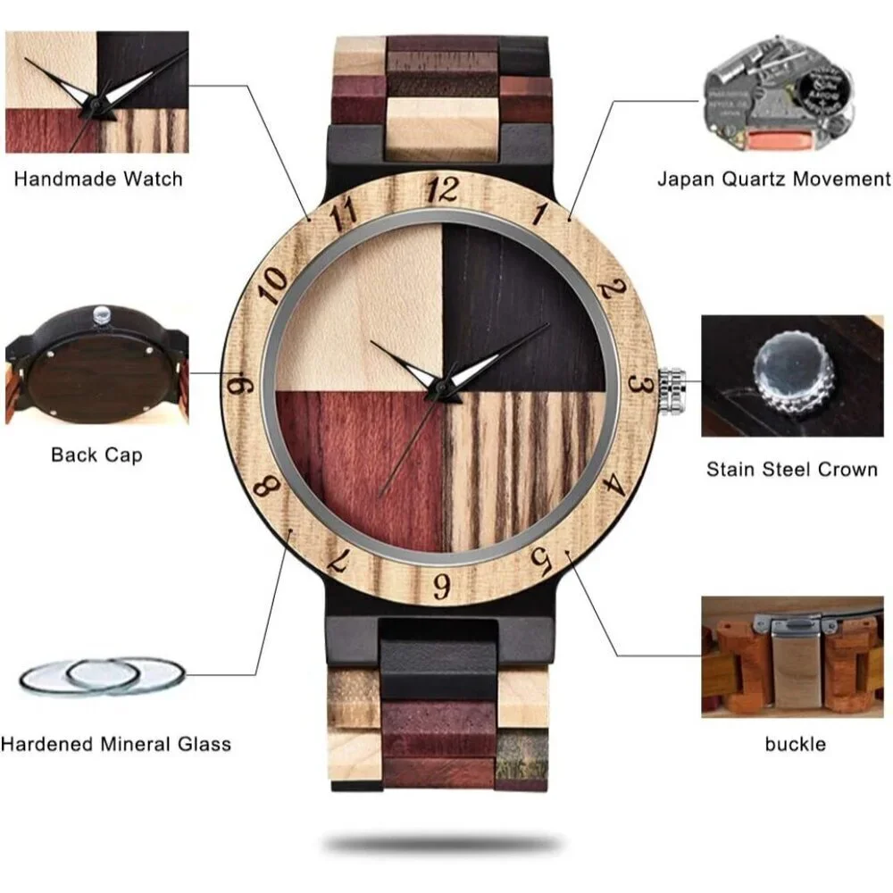 🆕Dentily Quartz Men Tan Inverted Geometric Creative Hand-Made Wooden Watches